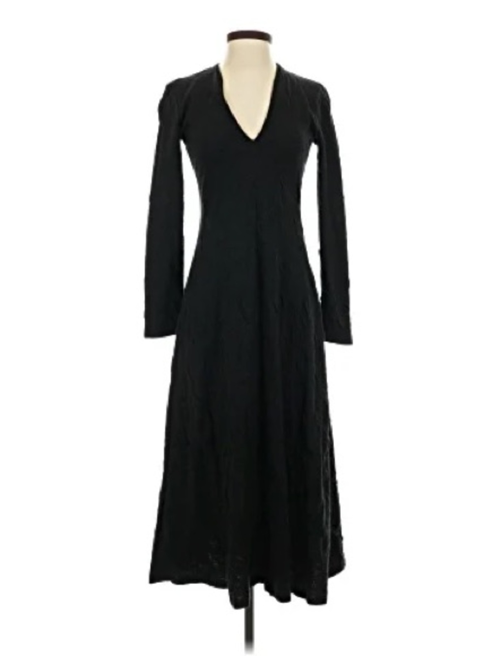 Zara Black Cotton Knit V-Neck Long Sleeve Maxi Dress